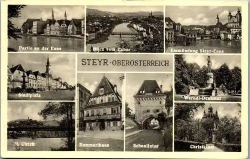 55737 - Oberösterreich - Steyr , Stadtplatz , St. Ulrich , Bummerlhaus , Schnallentor , Mehrbildkarte - gel 1954