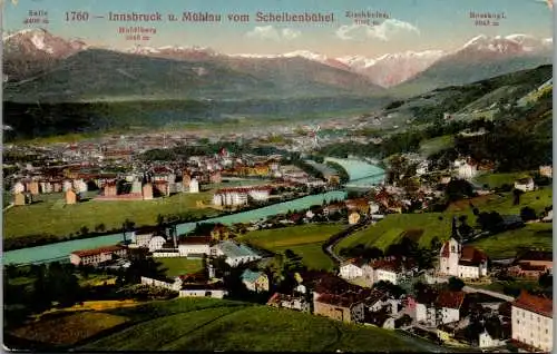 55909 - Tirol - Innsbruck , und Mühlau vom Scheibenbühel , Zischkeles , Haidlberg , Saile , Rosskogl - gelaufen 1916