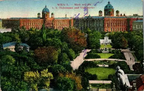 55926 - Wien - Wien I , Blick auf die K. K. Hofmuseen und Volksgarten - gelaufen 1916