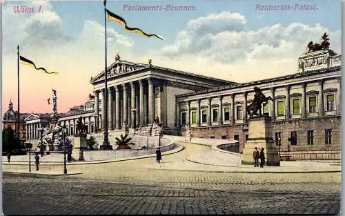 56004 - Wien - Wien I , Parlaments Brunnen , Reichsrat Palast , Flagge Kaiserreich - gelaufen 1917