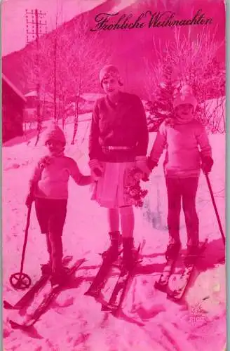 56541 - Feiern und Feste - Weihnachten , Fröhliche Weihnachten , Winter , Ski , Frau mit Kindern - gelaufen 1930