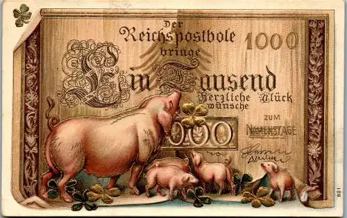 56810 - Feiern und Feste - Namenstag , Reichspostbote , 1000 , Banknote - gelaufen 1908