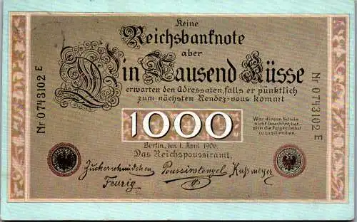 56812 - Feiern und Feste - Sonstige , Reichsbanknote 1000 Küsse - gelaufen 1909