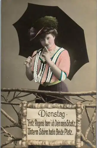 56890 - Künstlerkarte - Dienstag , Frau mit Schirm - gelaufen 1908