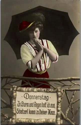 56892 - Künstlerkarte - Donnerstag , Frau mit Schirm - gelaufen 1908