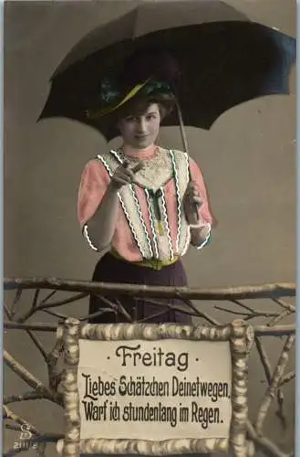 56893 - Künstlerkarte - Freitag , Frau mit Schirm - gelaufen 1908