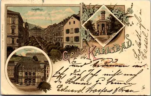 57026 - Tschechien - Karlsbad , Gruss aus , Parkstrasse , Theater , Franf Joseph's Höhe - gelaufen 1899