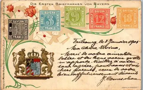 57067 - Deutschland - Briefmarken , Die ersten Briefmarken von Bayern - gelaufen 1905