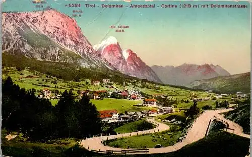 57161 - Tirol - Dolomiten , Ampezzotal , Cortina mit Dolomitenstrasse , Sorapis , Antelao , Punta Nera - gelaufen 1913