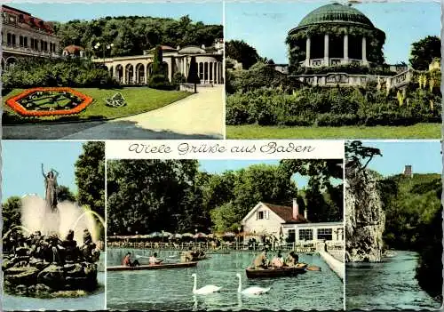 57213 - Niederösterreich - Baden , Blumeuhr , Trinkhalle , Ruine Rauheneck , Doblhofpark , Mehrbildkarte - gelaufen 1966