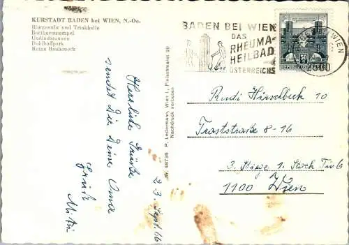 57213 - Niederösterreich - Baden , Blumeuhr , Trinkhalle , Ruine Rauheneck , Doblhofpark , Mehrbildkarte - gelaufen 1966