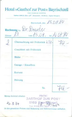 57393 - Rechnung - Bayrischzell , Hotel Gasthof zur Post , Übernachtung - gelaufen 1984