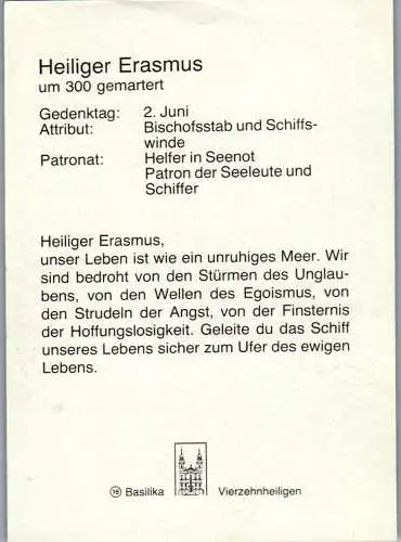 57420 - Andachtsbilder - Heiliger Erasmus ,  - nicht gelaufen