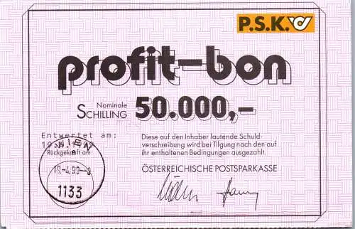 57574 - Österreich - PSK , P.S.K. , Postsparkasse , Schuldverschreibung , Profit Bon -  1999