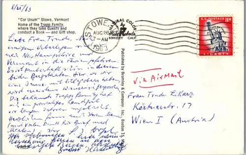 58120 - USA - Vermont , Cor Unum , Stowe , Home of the Trapp Familiy - gelaufen 1963