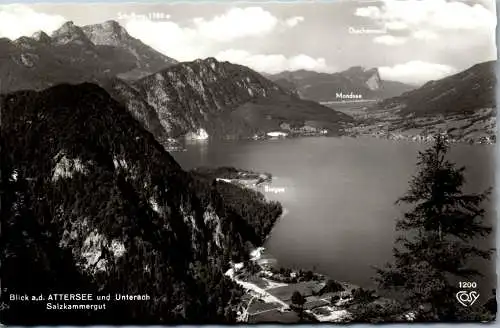 58792 - Oberösterreich - Unterach , Blick auf Attersee und Unterach , Schafberg , Mondsee , Drachenwand