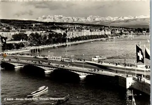 58874 - Schweiz - Zürich , Quaibrücke , Utoquai und die Glarneralpen - gelaufen 1963