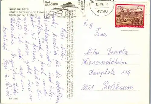 58893 - Steiermark - Eisenerz , Stadt Pfarrkirche St. Oswald , Blick auf Erzberg - gelaufen 1985
