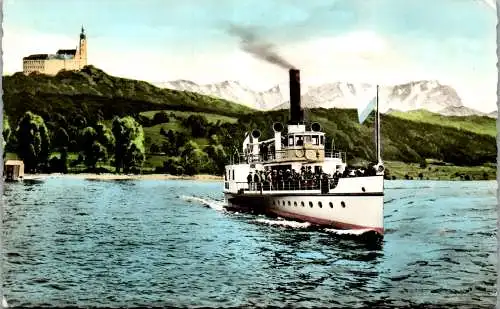 59439 - Deutschland - Andechs , Blick vom Ammersee auf Kloster Andechs gegen Zugspitze , Schiff , Dampfer