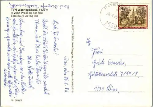 59627 - Niederösterreich - Prein an der Rax , Waxriegelhaus - gelaufen 1985