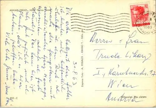59667 - Italien - Abano Terme , Hotel Torino Terme - gelaufen 1963