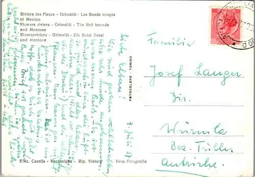 59732 - Italien - Grimaldi , Riviera dei Fiori , Balzi Rossi e Mentone - gelaufen 1957