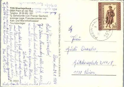 59910 - Niederösterreich - Prein an der Rax , Waxriegelhaus Rax - gelaufen 1984