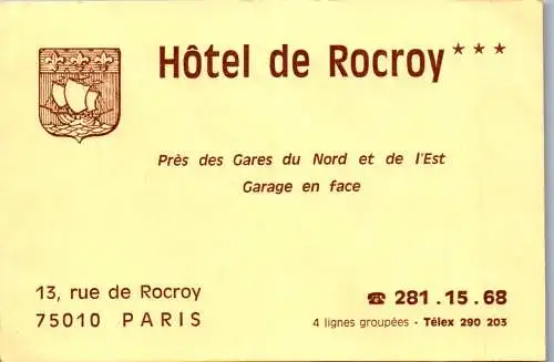 59998 - Alte Papiere - Visitenkarten , Hotel de Rocroy , Paris - nicht gelaufen