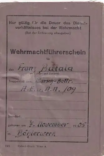 60012 - Deutsches Reich - Wehrmacht Führerschein , Wehrmachtführerschein , Marsch Battr. , Driving Licence -  1944