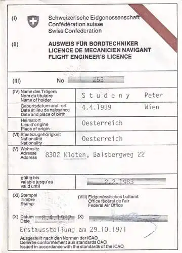 60025 - Schweiz - Flight Engineer Licence , Ausweis für Bordtechniker , DC-8 u. B-747 , ICAO , Zürich -  1973