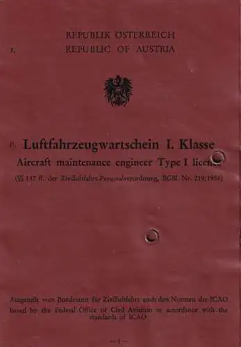 60026 - Österreich - Flight Engineer Licence , Luftfahrzeugwartschein I. Klasse , ICAO , Douglas , Hawker - 1964