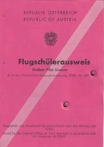 60027 - Österreich - Flugwesen , Flugschülerausweis , Student Pilot Licence , ICAO -  1968