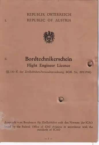 60028 - Österreich - Flugwesen , Bordtechnikerschein , Flight Engineer Licence , ICAO , Boeing 707 , Convair -  1969