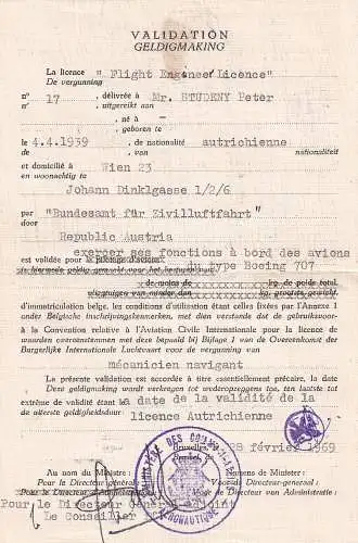 60029 - Belgien - Certificat de Validation , Flight Engineer Licence -  1969