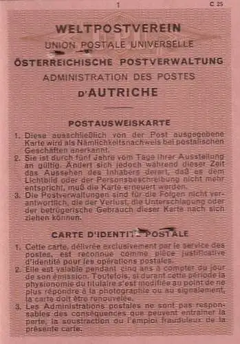 60030 - Österreich - Weltpostverein , Postverwaltung , Postausweiskarte -  1967