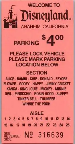 60031 - USA - Disneyland , Anaheim , California , Parking Ticket