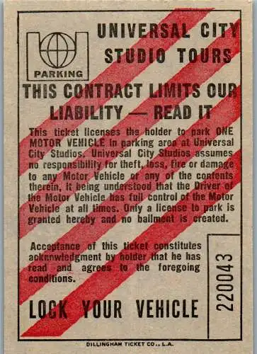 60034 - USA - Universal City Studio Tours , Parking Ticket