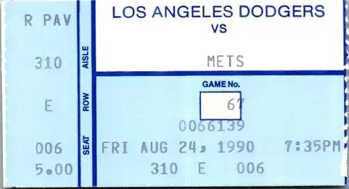 60038 - USA - Eintrittskarte , Ticket , Los Angeles Dodgers vs Mets -  1990