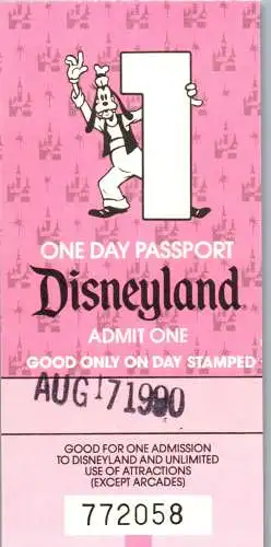60040 - USA - Eintrittskarte , Disneyland , One Day Passport -  1990