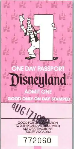 60042 - USA - Eintrittskarte , Disneyland , One Day Passport -  1990