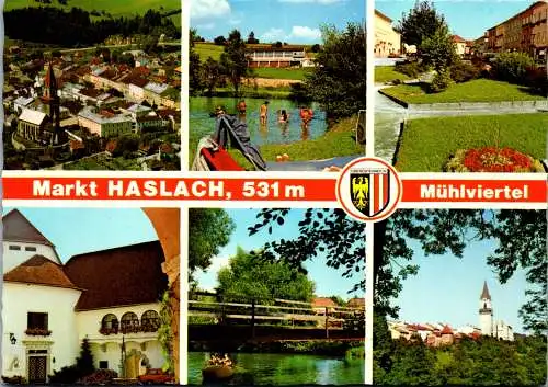 60063 - Oberösterreich - Haslach , an der Mühl , Panorama , Hallenbad , Marktplatz , Steg zur Mühlinsel - gelaufen 1980