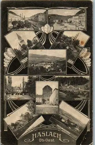 60073 - Oberösterreich - Haslach , an der Mühl , Bräuers Gasthof , Bahnhof , Badeanstalt , Hauptplatz - gelaufen 1916