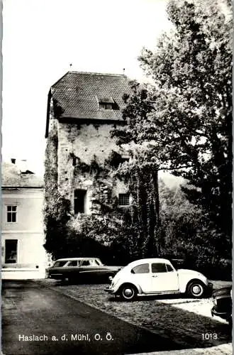 60084 - Oberösterreich - Haslach , an der Mühl , Alter Turm , VW Käfer - gelaufen 1971