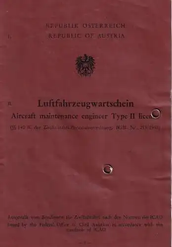 60134 - Österreich - Flugwesen , Aircraft Engineer Type II , Luftfahrzeugwartschein , ICAO , Vickers Viscount 800 - 1961