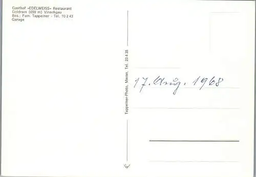 60184 - Italien - Vinschgau , Venosta , Gasthof Edelweiss , Restaurant Goldrain , Fam. Tappeiner - nicht gelaufen 1968