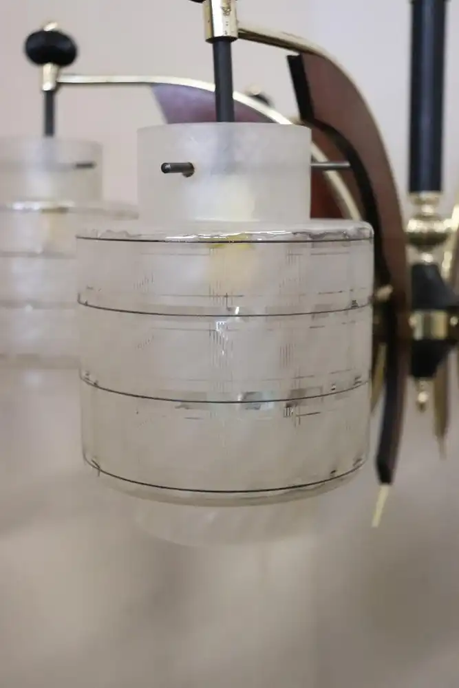 Italienische Mid-Century Glasschalen, Holz, Messing & schwarz lackierter Metall Kronleuchter, 1950er 6