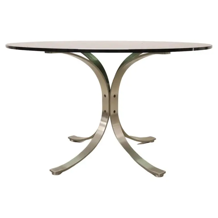 Italienischer runder Esstisch aus Stahl & Rauchglas, 1970er 0
