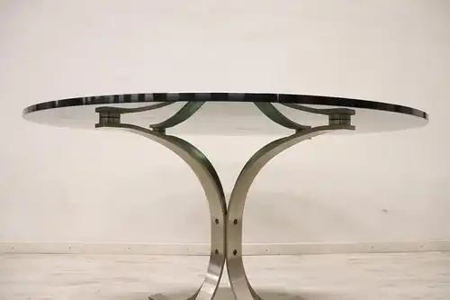 Italienischer runder Esstisch aus Stahl & Rauchglas, 1970er