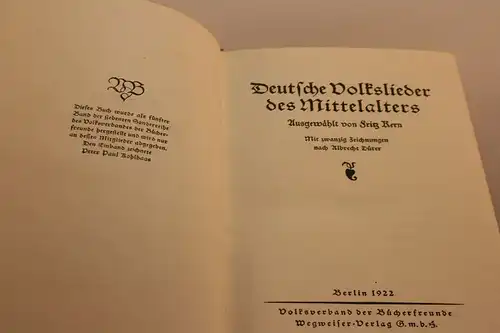 Fritz Kern: Deutsche Volkslieder des Mittelalters. Mit 20 Zeichnungen nach Albrecht Dürer. 