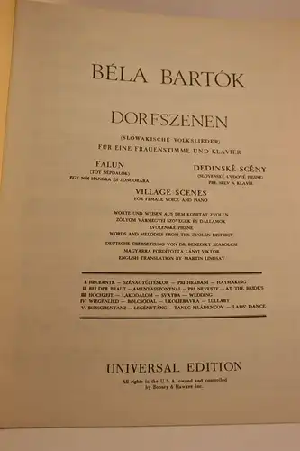 Bartók Béla [Komponist]: Dorfszenen. Slowakische Volkslieder- Für eine Frauenstimme u. Klavier; viersprachig. 